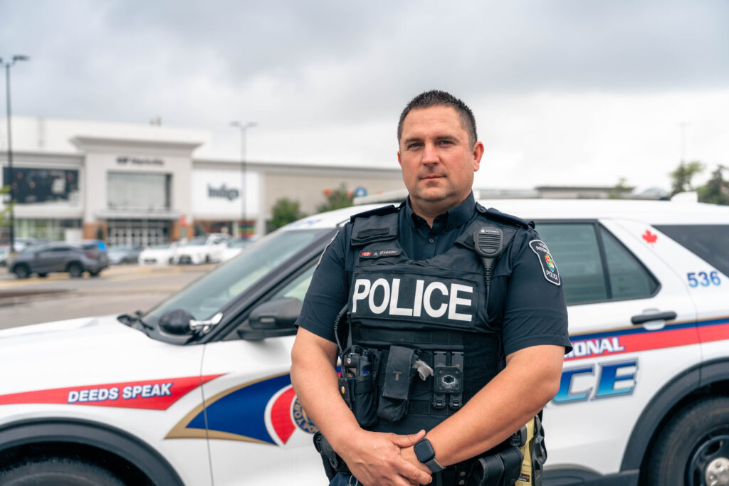 Constable Arkadiusz Rzekec of York Regional Police, who courageously arrested two robbery suspects alone while calling for backup during a daytime jewelry store robbery in Markham.