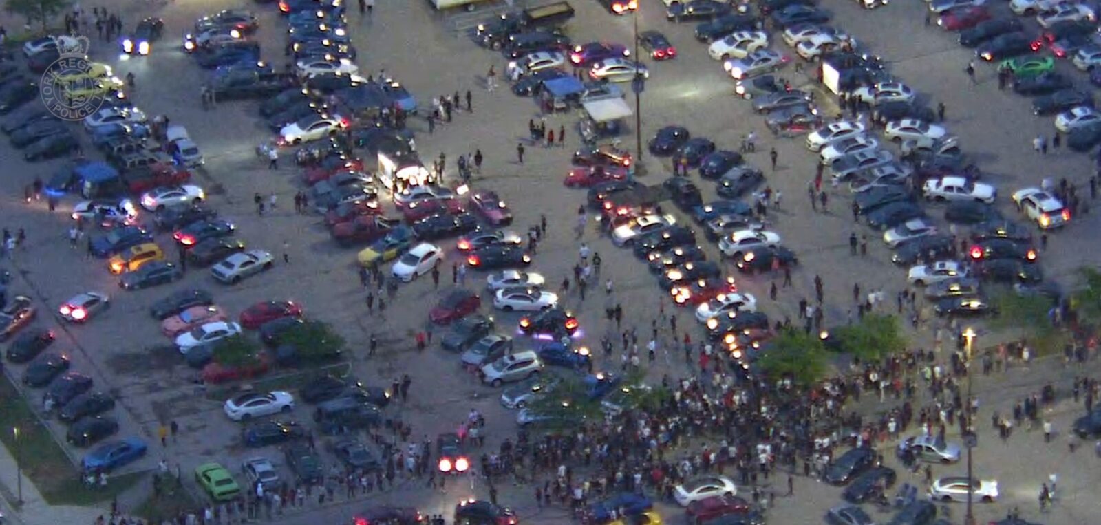 Aerial photo captured by a York Regional Police Helicopter showing an illegal car rally in progress.